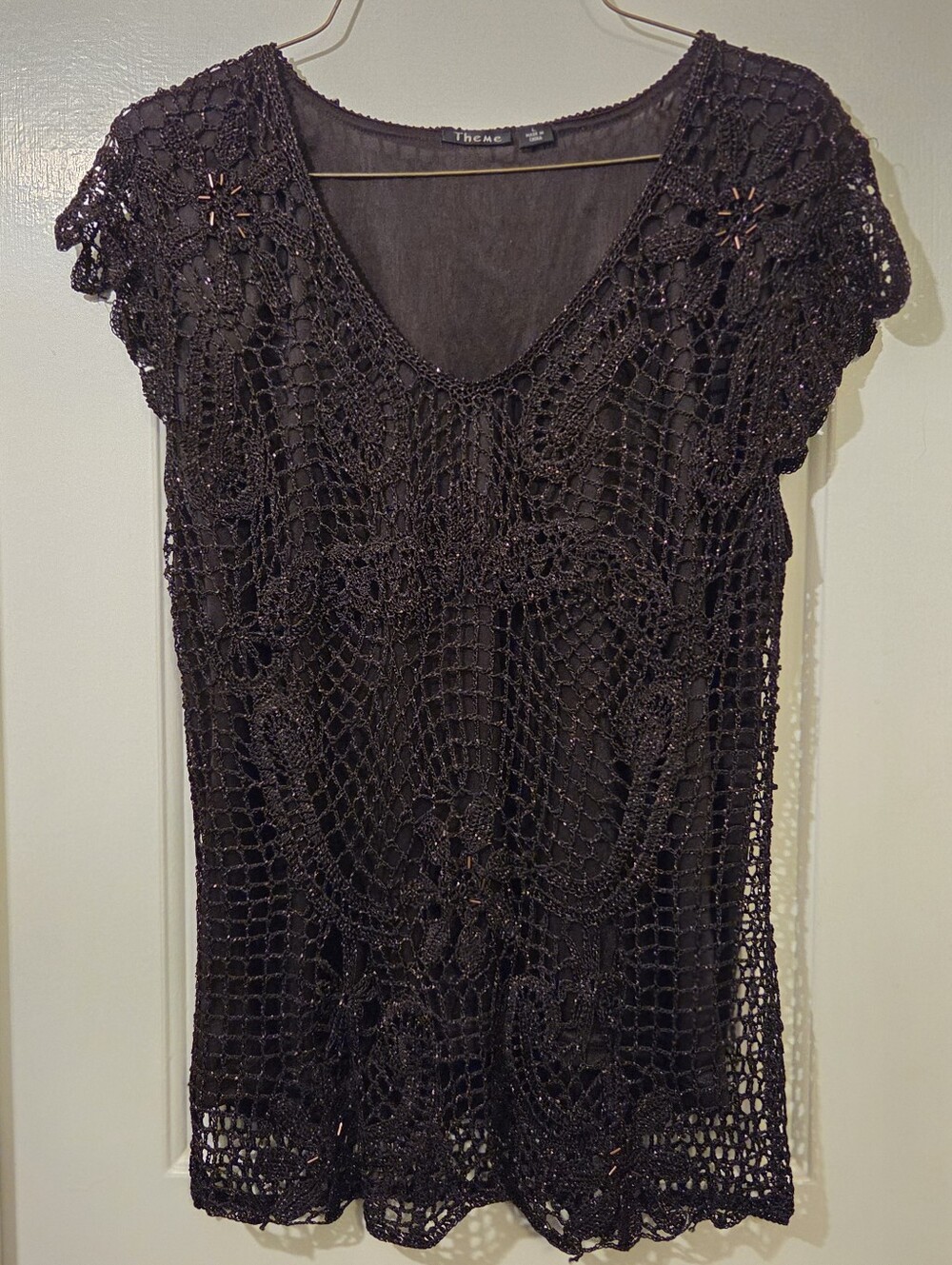 Women's Brown Metallic Crochet Top With Beaded Embellishments.  Size L
